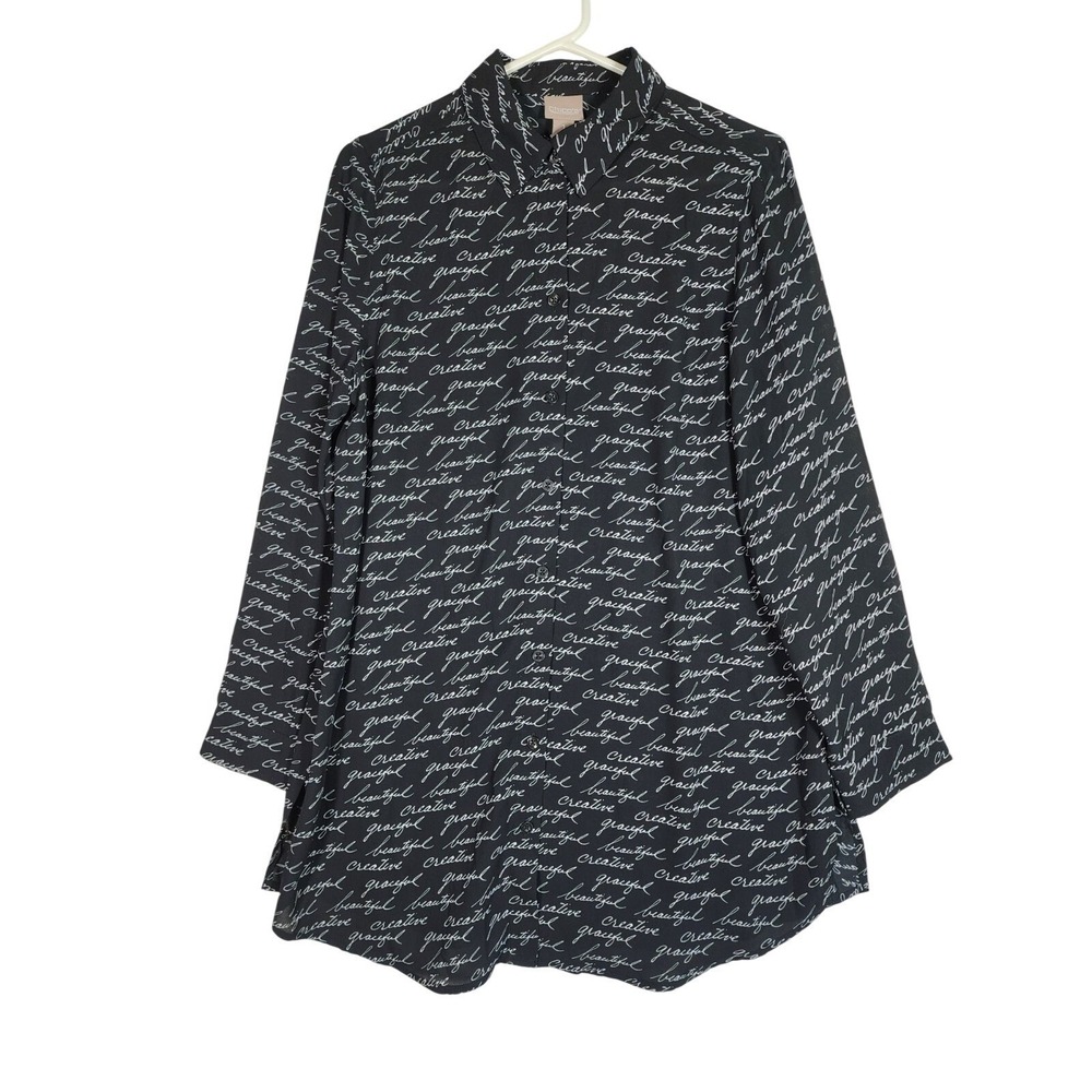 Chico's Womens 1 Black Blouse Top Script Print Career Artsy Office Literary - Picture 1 of 7